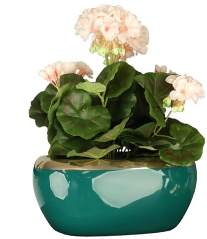 botle Pot de Fleurs Ovale en céramique - Surface Brillante - 28 x 16,5 x 13 cm - Vert - avec gouttière dorée