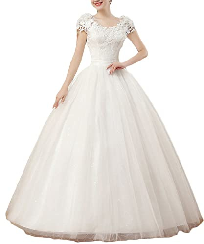 Brautkleid Hochzeitskleider Lang Prinzessin Brautmode Tüll Herzausschnitt A-Linie Brautmode mit Schnürung Elegant Bodenlang Brautkleider,Weiß,XXL