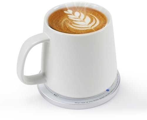 APEKX Self-Heating Ceramic Mug Set - 131°F / 55°C Optimal Temperature Control, Wireless 15W Phone Charging Pad - 13.38 fl oz/380 mL Capacity with USB-C Power Adapt (White)