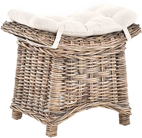 Krines Home Fußhocker mit geschwungener Ablage, Stabiler Sitzhocker/Schemel/Hocker aus echtem Rattan mit Kissen (Grau Natur)