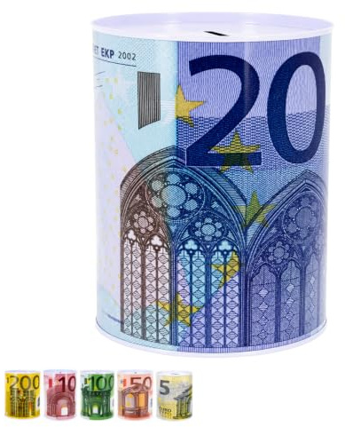 Virsus 1 Salvadanaio Grande Vintage 636, forma Cilindrica, 13,5x19 cm, Banconota Euro, barattolo in latta per risparmio, portamonete non apribile, salvadanaio decorativo da tavola (20 Euro)