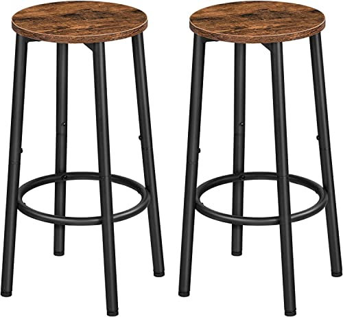 FEFE Industrial Rustic Brown Round Wooden Bar Pub Kitchen Island Stools, Set of 2, 24.4Inch Height