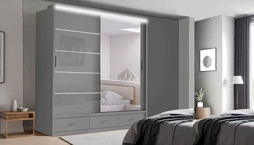 RAC3 Wardrobe for Bedroom with Mirrored Sliding Door & LED Light Premium Wardrobe Storage with Sleek Design High Gloss comes in Colours Black/White/Grey & Sizes 205cm / 256cm (Grey, 205cm)