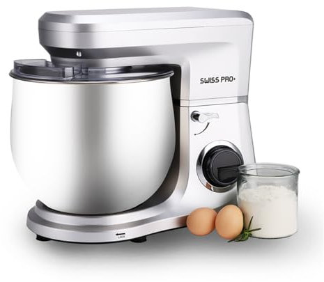 Swiss Pro+ Küchenmaschinen, rührgeräte & mixer - Teigknetmaschine mit Spritzschutz mit Einfüllöffnung - 2200W - Edelstahl - Silber - 10L