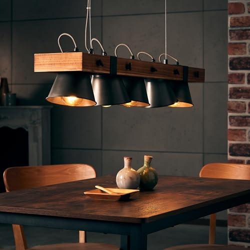 Lightbox 5 flammige Hängelampe - höhenverstellbare Pendelleuchte mit | Hängelampe, 115 cm Höhe, E27, max. 10 W, Metall/Holz
