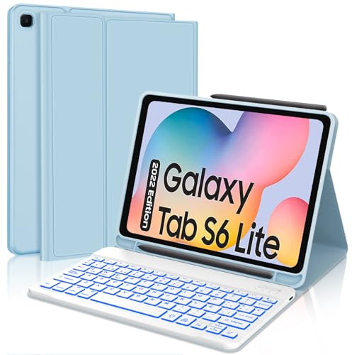 Funda Teclado para Samsung Galaxy Tab S6 Lite 2024/2022/2020 10.4 Pulgadas | Keyboard Retroiluminado QWERTY Español Ñ, Bluetooth Magnético Desmontable Teclado con Soporte para Lápiz, Azul claro