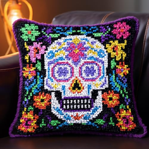 Pillow Colorful Skull Printed Canvas Cushion Crochet Yarn Needlework DIY Hook Latch Kit Embroidery Pillowcase Rug Cover Home Sofa Halloween Decoration 43x43cm