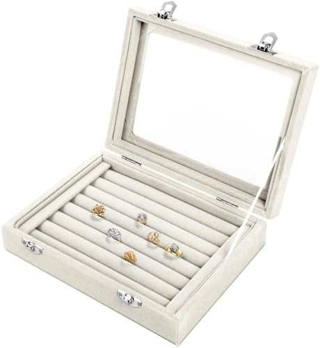 BASUWELL Earring Ring Storage 7 Slots Velvet Jewelry Tray for Drawers Glass Clear Lid Showcase Display Ring Organizer Earring Ring Trays Holder Cufflink Showcase