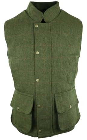 Gillicci MENS BRITISH MADE GREEN DERBY COUNTRY TWEED HUNTING GAME FARMING QUILTED SHOOTING ZIP WAISTCOAT GILET BODYWARMER (UK, Alpha, S, Regular, Regular, Light Green)