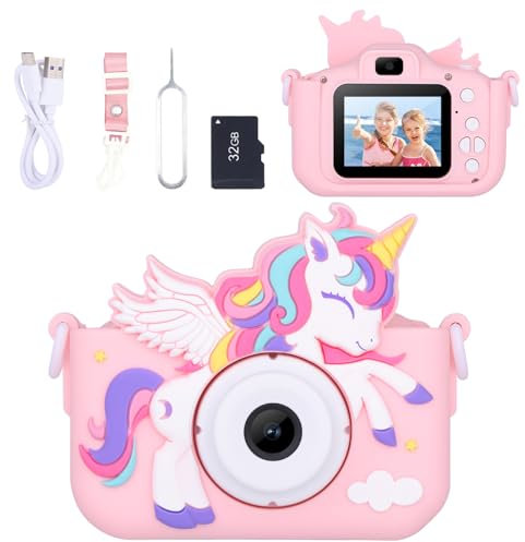 Envyvip Unicorn Toys Camera for Kids Girls Age 3-8, Toddler Kids Digital Camera Christmas Birthday Gifts for 3 4 5 6 7 8 Years Old Girl, Cute Selfie Video Camera, HD 1080P, 32GB SD Card Included, Pink
