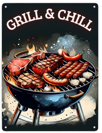 Grill Metallschild XXL in 28x38 cm mit Spruch Grill und Chill Perfekt für Garten BBQ Lustiges Schild für Grillecke Chillen Ideal für Grillstelle