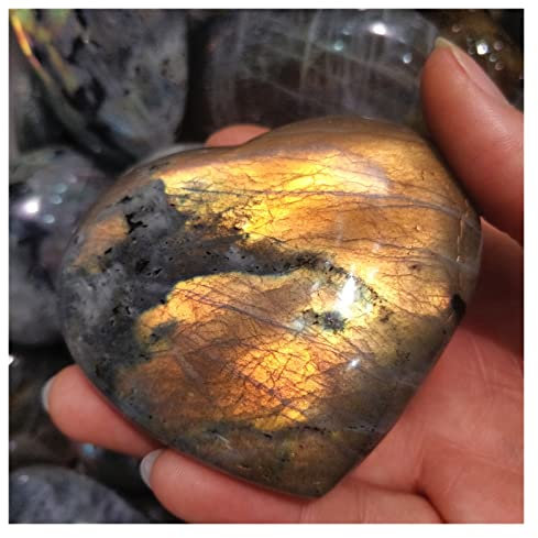 EKFBQBGW Raumdekoration Natürlicher Labradorit, gelb blinkende Quarzkristalle, polierte Liebesherzen, Verzierung, kostbare Mineralien, Mondstein, Cabochons, Palmquarzsteine (Size : One)