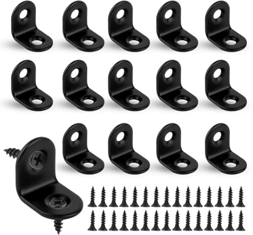 Small Angle Brackets, 16pcs L Brackets with 32 Screws, 20 x 20mm, Black | Stainless Steel Corner Bracket for Wood, Right Angle 90 Degree Bracket for Furniture Desk Table Shelf Corner Braces