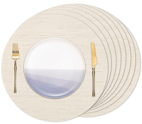 Banchif Platzsets abwaschbar Tischsets abwaschbar Rund 38 cm Platzdeckchen | Platzsets abwaschbar 8er Set Platzdeckchen PVC Rund rutschfest Tischsets abwischbar gewebte Vinyl (Beige)