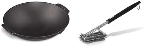 Enders Switch Grid Wok schwarz, aus massiv, emailliertem Gusseisen & PREMIUM GRILLBÜRSTE MIT EDELSTAHLBORSTEN 8814 Kunststoffgriff