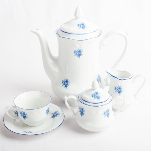FranquiHOgar Juego de Café Porcelana Premium Lubeck Blue 27 Piezas - 12 Tazas, Cafetera, Azucarero y Cremera - Apto para Microondas y Lavavajillas