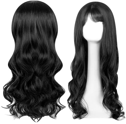 UieaMsio 28 Zoll/70 cm Lange Gewellt Schwarz Perücke für Frauen Mädchen, Lange Lockige Volle Haar Perücke, Hitzebeständig Perücken, für Halloween, Tägliche Party, Cosplay