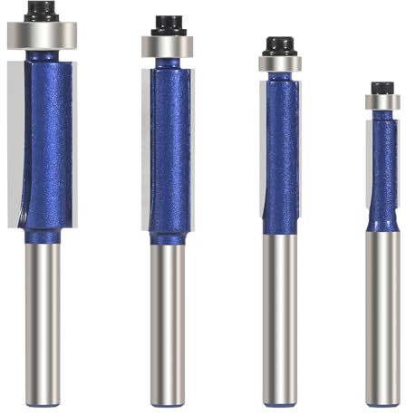 Vearter Straight Flush Trim Router Bit Set 1/4 Inch Shank 4PCS, Top Bearing Guide Woodworking Milling Cutter Tool for Wood Trimming, Template Work - 6.35mm, 8mm, 9.5mm, 12.7mm Cutting Dia