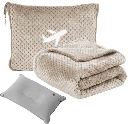 Nenolix Travel Blanket Airplane Compact with Bag, Travel Essentials 3 in 1 Packable Airplane Blanket, Travel Pillow and Blanket Set, Inflatable Pillow, Luggage Sleeve & Backpack Clip (Camel)