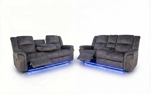 Berlin Fabric Electric Recliner Sofa With Cupholders, LED Lights And USB Charging Ports - Grey (3+2 Seater)