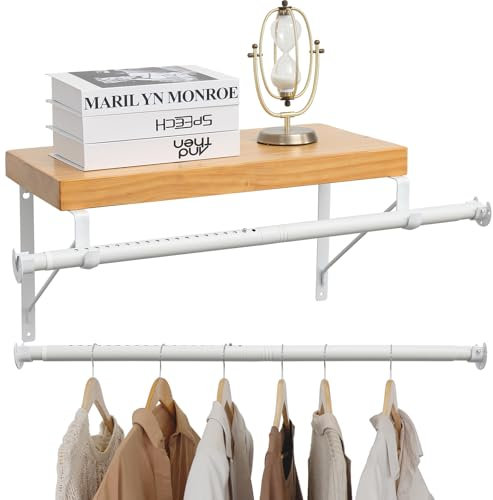 Tringle à vêtements extensible avec équerre pour charges lourdes, 40 à 248 cm, avec support d'étagère pour montage mural, tringle à vêtements blanche avec support d'étagère pour garde-robe