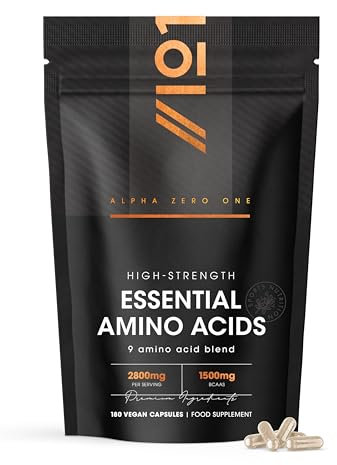 Essential Amino Acids 2800mg with BioPerine® – 180 Vegan Capsules – All 9 EAA Amino Acids with All 3 BCAA's Plus 6 More EAAs to Build and Repair Muscle - by Alpha01