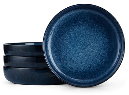 E-far Pasta Bowls Set of 4, 35oz Ceramic Large Salad Plate Bowls for Kitchen, Wide and Shallow Design for Serving Soup Pasta, Double Reactive Glaze, Dishwasher & Microwave Safe, Deep Sea Blue