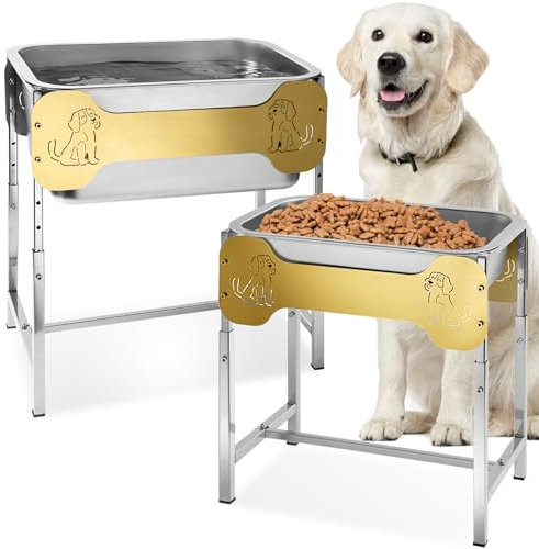 Raised Dog Bowl Set for Large Breed – 2.4 Gallon Water & 0.84 Gal Food, 6 Height Adjustable Stand, Elevated Full Stainless Steel Dishes for Relief Joint Pressure, Easy Clean for Indoor & Outdoor