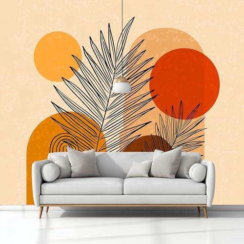 Fotomurales 200 x 140 cm Hojas De Palma Bohemias Círculos Y Líneas Papel Pintado Tejido No Tejido Beige Fotomural Efecto 3D Papel Tapiz Decorativos, pared Murales Póster para Dormitorio Salón TV Pared