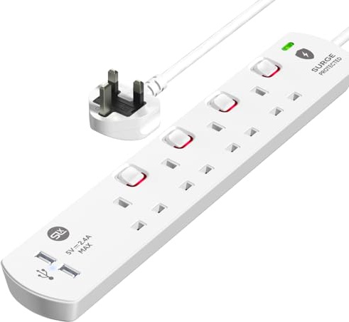 SLx Extension Lead 1m 4 Way Gang Switched Surge Protected Power Strip with 2 USB A Ports & LED Indicator 13A UK Plug & 3 Pin Sockets Wall Mountable Extension Cord for Home, Office or Garage White