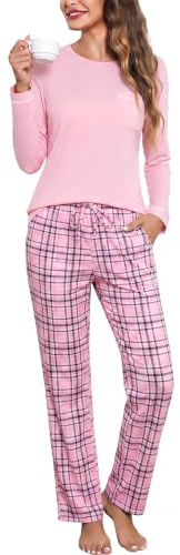 Irdcomps Women's Pyjama Sets Cotton Long Sleeve Ladies Pjs Plaid | Pyjamas for Women Loungewear Soft 2 Pieces Sleepwear Nightwear Top and Plaid Bottom with Pocket