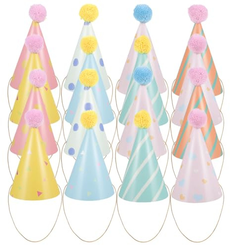 MAGICLULU 16 Cappelli A Cono Per Compleanno Cappelli Da Festa In Carta Con Pompon Cappellini Da Festival Multicolori Per Bambini E Adulti Articoli Per Feste Di Carnevale
