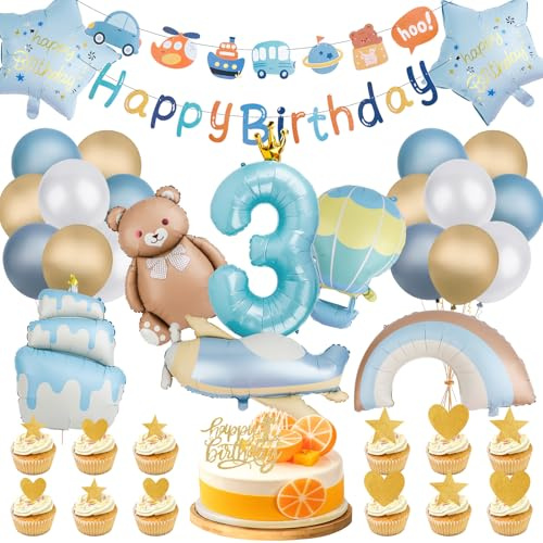 Tutukyle Deko Kindergeburtstag Luftballon Bär Set- Blau 3. Geburtstag Junge Party mit Folienballons Happy Birthday Girlande und Tortendeko, Ballons für 3 Jahr Kinder Geburtstagsfeier