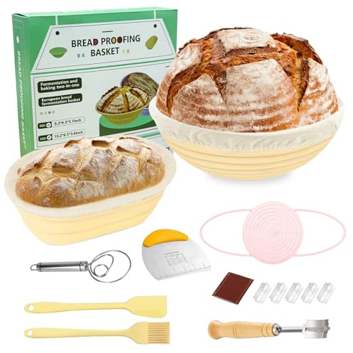 Ftemglo Cestino da Lievitazione per Pane, 10 Pezzi Set Panificazione con Cestini Lievitazione in Silicone Rotondo da 23 cm & Ovale da 25 cm, Tela di Lino, per La Cottura del Pane