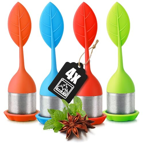 Wilhelm Sell® 4x Infusores de Té Acero & Silicona - Bola con Tapa y Soporte en 2 Colores - Filtro Fino para Té Suelto & Especias - Inoxidable