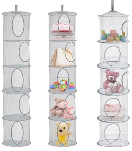 3 Stück Faltbare Hängeaufbewahrung Organizer,Grau Speichern Sie Platz Lagerkorb,5 Fächer Hängeregal Mesh Hängende Netz-Aufbewahrungstasche,für Kuscheltier Aufbewahrung,Kinderzimmer