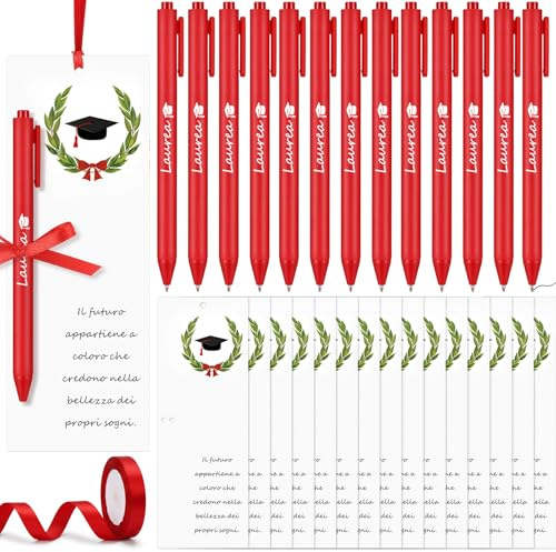 BBTO 50 Set Cadeaux de Remise de Diplômes 50 Marque-Places Marque-Pages 50 Stylos à Bille Rouges Avec 1 Rouleau de Ruban Rouge Décoration Table Invités Classe Enseignants Finition