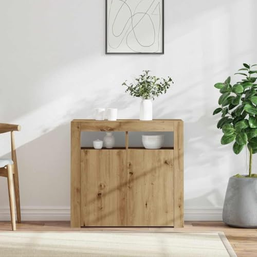 Buffet TV avec Lumières LED RGB Moderne, Meuble de Rangement Salon en Bois d'Ingénierie Chêne Artisanal, Armoire Latérale Éclairée pour Séjour et Couloir, Design Tendence avec Étagère en Verre