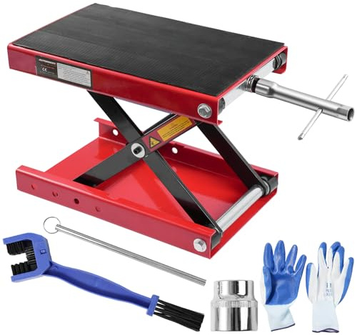 Motorcycle Lift, 1100lbs Motorcycle Scissor Lift Jack with Upgraded Wide Deck T Handle 3/8 Socket, Motorbike Center Stand with Chain Brush, Crank Bike Hoist Stand for ATV Dirt Bike Cruiser, Red