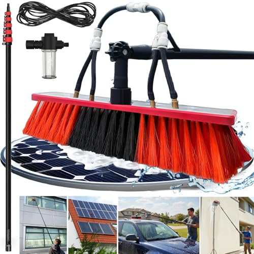 3,6-20m Carbon-Teleskop-Waschbürste mit Wasseranschluss & Seifenspender – inkl. 20m Schlauch – Leichte Kohlefaser-Reinigungsbürste für Photovoltaik, Fenster, Wohnmobil & Dachrinnen (55cm Bürste,20M)