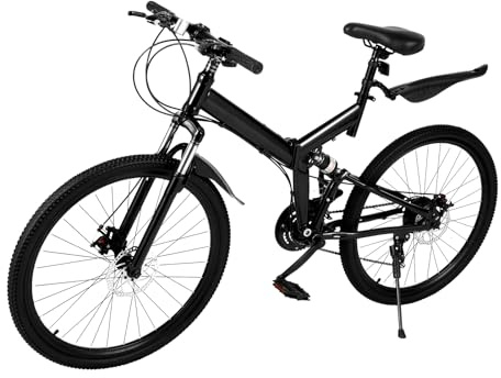Steeviuzj 21-Speed Mountain Bike, 26 Wheel Height Adjustable Mountain Bicycle with Suspension, 19 Frame Carbon Steel Folding Bike with Double Disc Brakes, Load Capacity 150kg (Black)