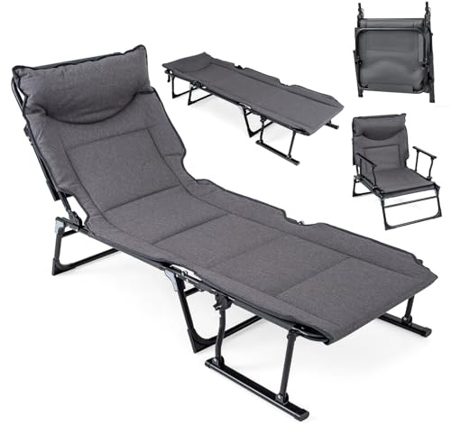 TANGZON Folding Camp Bed Camping Cot for Adults with Backrest | 3 in 1 Portable Lounger, 6-Position Adjustable Recliner, Headrest and Padded Grey Mattress for Travel