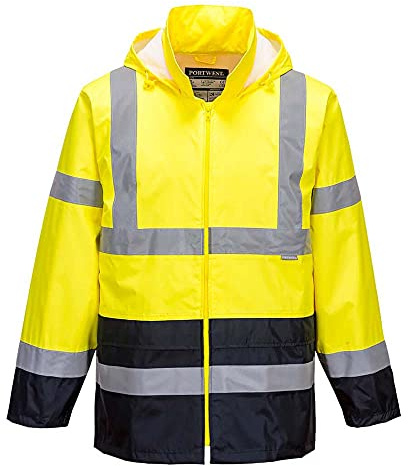 Portwest H443 Klassische Kontrast Warnschutz-Regenjacke 2 Taschen Winddicht | Gelb/Marine, M, EN ISO 20471, EN 343 Klasse 4:1, Polyester Leicht, 100% Polyester, Belüftete Rückenpasse und Ösen, Stehkragen