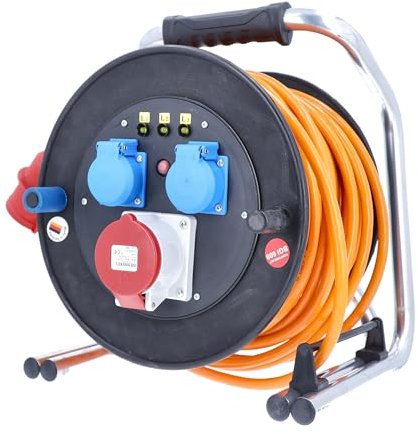 as - Schwabe Panzer-Vollgummi Kabeltrommel 40m H07BQ-F 5G1,5, CEE Stecker 400V 16A 5-polig, 1 CEE Steckdose 400V, 2 Schutzkontaktdosen mit Sicherheitsklappdeckel 230V 16A, Made in Germany, IP54, 20752
