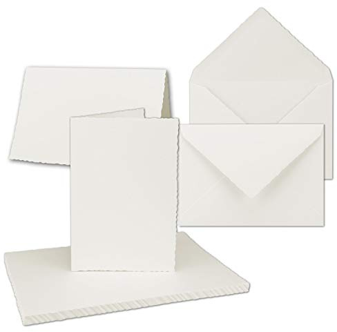 50x Vintage Faltkarten-Set mit Zackenschnitt hochdoppelt - Natur-Weiß - Edel-Bütten Karten mit Umschläge - DIN A6-10 x 15 cm - imitierter Büttenrand - by GUSTAV NEUSER