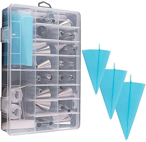 HMIEPRS 39PCS Piping Bags and Tips Set with Storage Case, Icing Tips, Large Piping Nozzles, Couplers, Silicone Pastry Bags, Flower Nails, Icing Smoother, Baking Decoration Tools for Cake Cookies