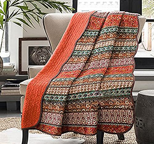 Cozyholy Coperta trapuntata in 100% cotone, stile bohémien, reversibile, leggera, vintage, per divano e divano, colore: arancione