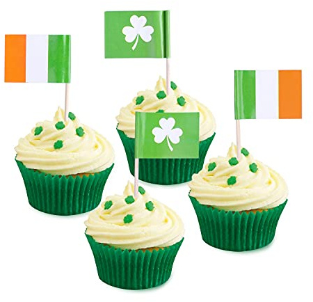 HOWAF 80pcs St Patricks Day Cupcake Toppers, St Patricks Day Toothpick Flags Shamrock Irish Flag Cake Topper Cocktail Sticks Food Picks for St Patricks Day Decorations Irish Party Supplies