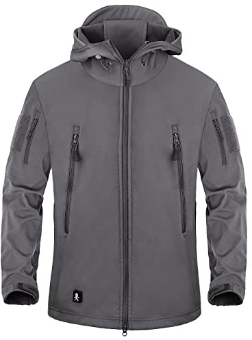 Giacca militare calda in pile a maniche lunghe con cappuccio, mimetica, softshell, impermeabile, da uomo, per campeggio, caccia, pesca, attività all’aria aperta grigio XXL