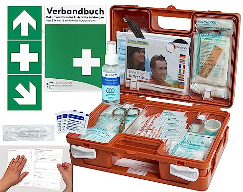 Verbandskoffer/Verbandskasten (K) Typ C -Paket 1- Erste Hilfe nach aktueller DIN 13157 für Betriebe -DSGVO- INKL. PERFORIERTEM VERBANDBUCH + Hygiene-Gel & Folienaufkleber